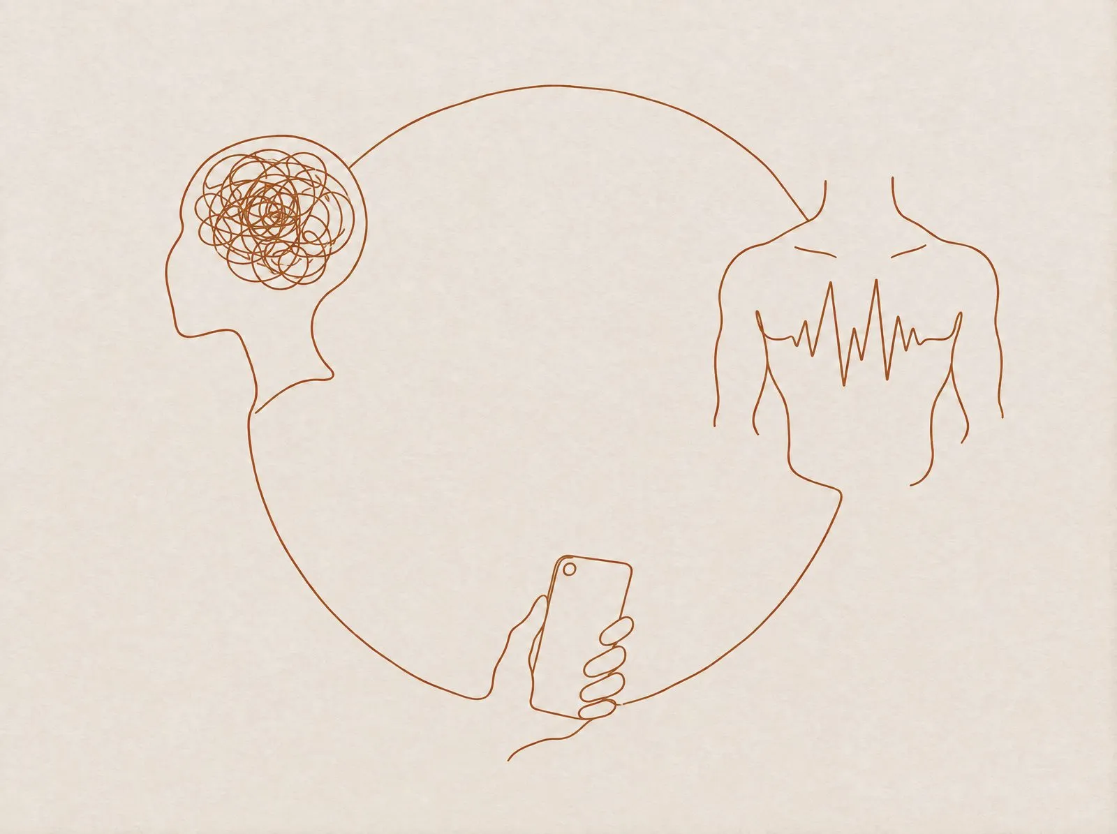 Eine durchgehende Linie bildet einen großen Ring, auf dem gleich groß ein Kopf mit verknäulten Gedanken, ein Oberkörper mit unruhigem Puls und eine Hand am Smartphone liegen.