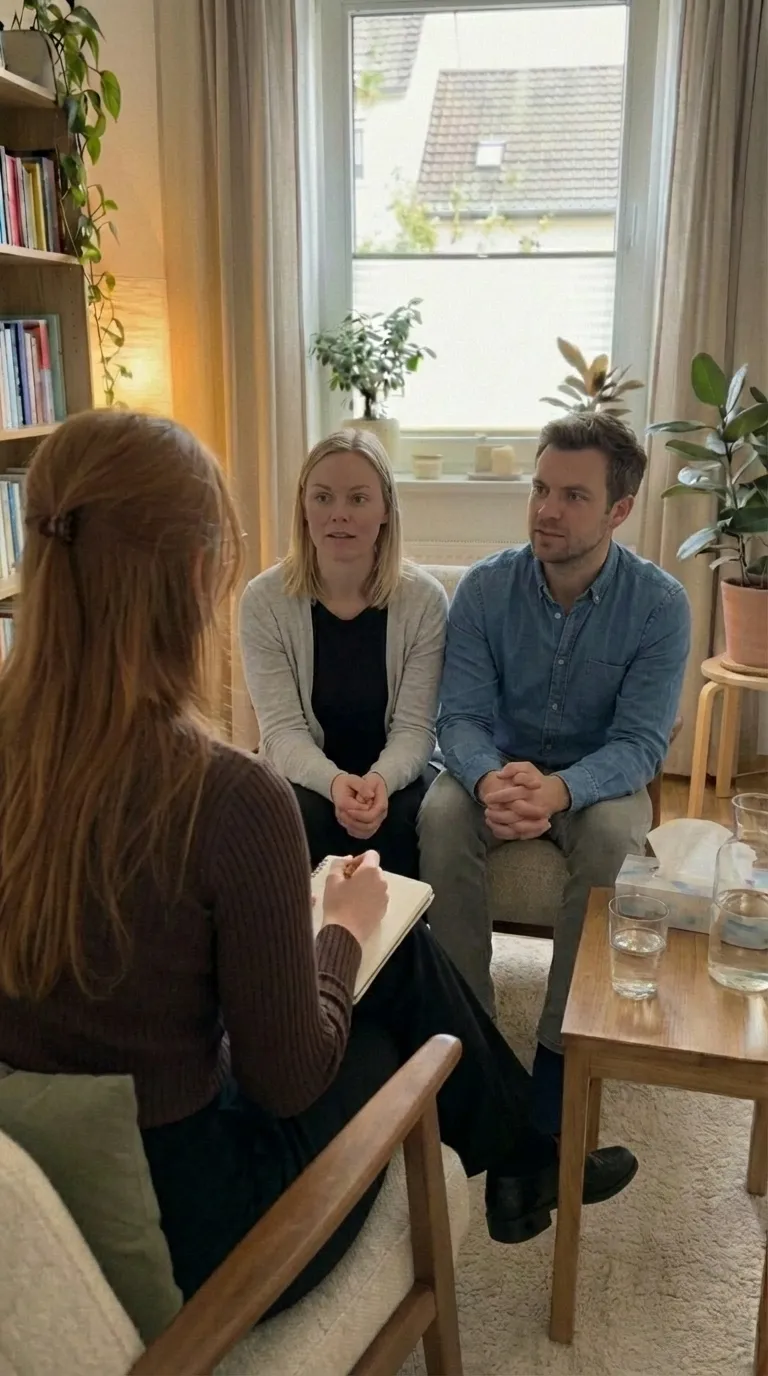 KI-generiertes Symbolbild: Paar sitzt nebeneinander auf einem Sofa und spricht mit einer Therapeutin