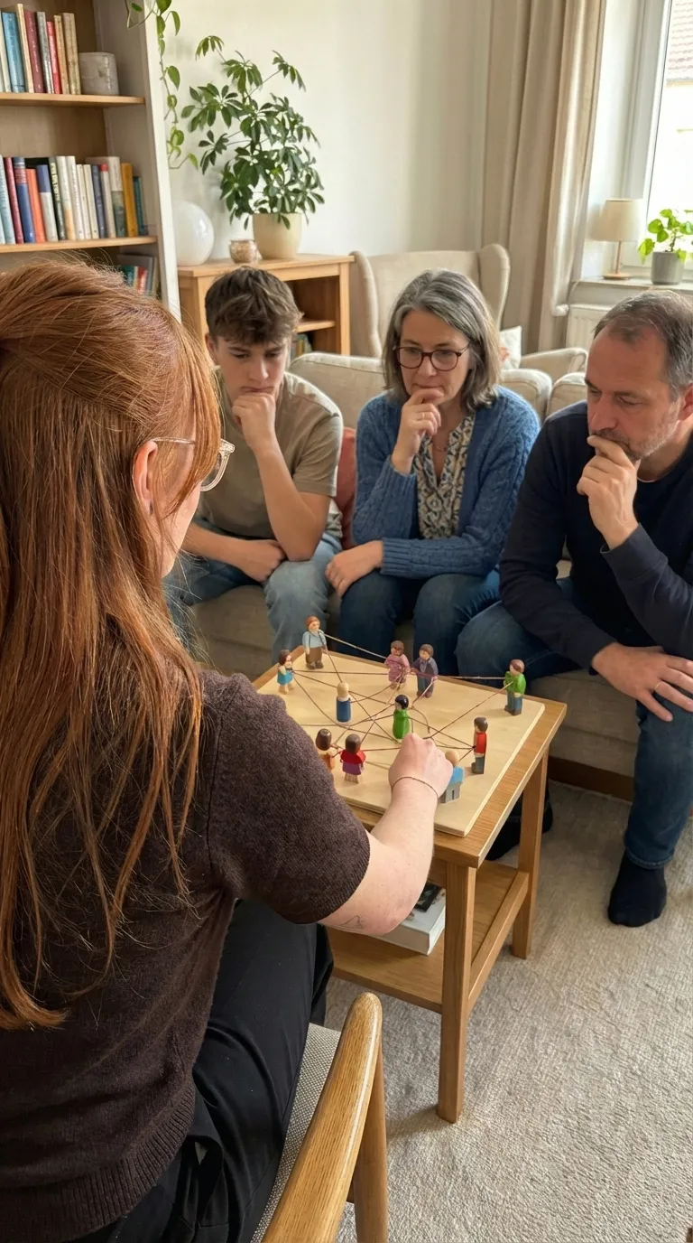 KI-generiertes Symbolbild: Familie im Gespräch mit einer Therapeutin, auf dem Tisch ein Familienbrett mit Figuren